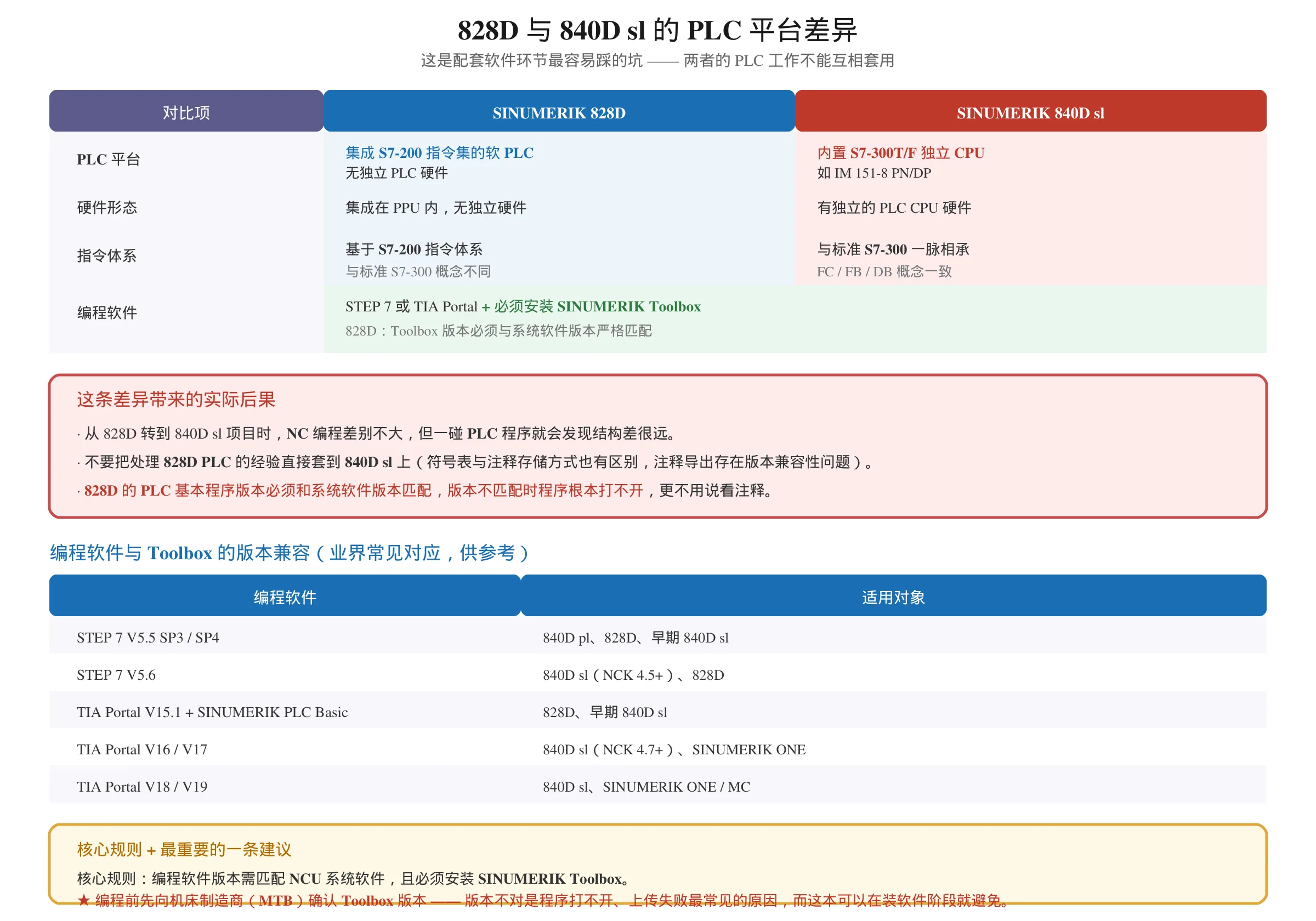 828D 与 840D sl 的 PLC 平台差异对比图：828D 集成 S7-200 指令集软 PLC 与 840D sl 内置 S7-300T/F 独立 CPU 的区别，以及 STEP 7 与 TIA Portal 各版本适用对象和 Toolbox 版本匹配要求
