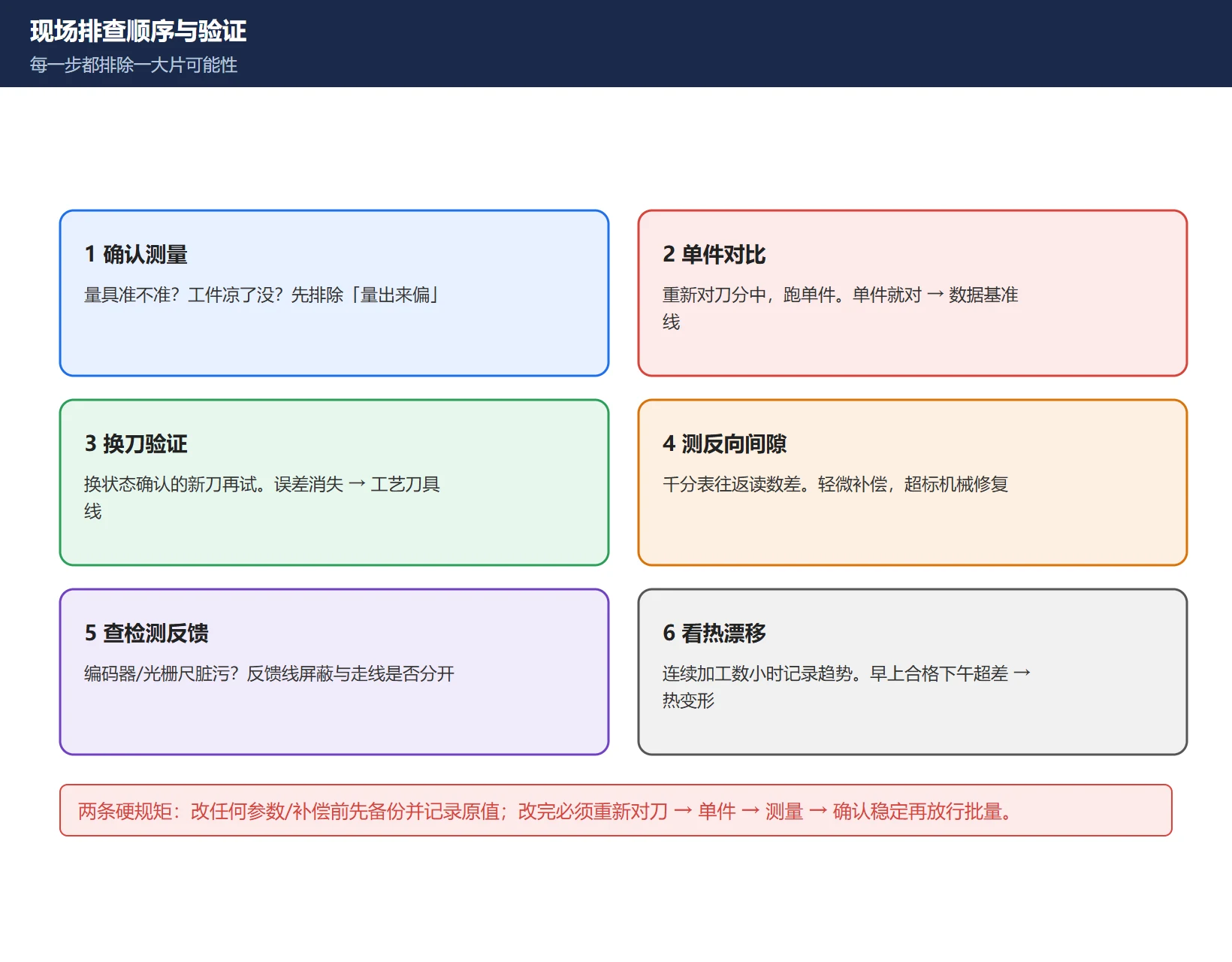 尺寸忽大忽小现场排查顺序图:确认测量 → 单件对比 → 换刀验证工艺线 → 测反向间隙 → 查检测反馈 → 看热漂移 → 最后机械大修