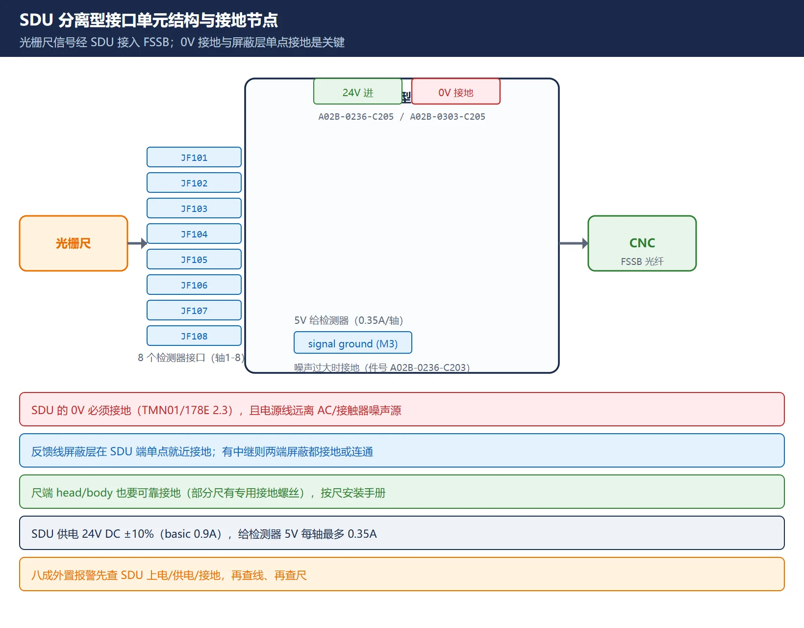 光栅尺到 SDU 分离型接口单元的信号链路与接地节点