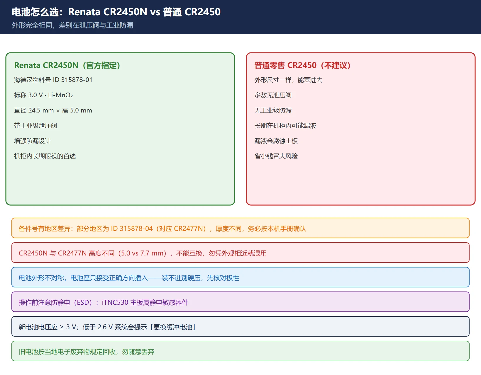 Renata CR2450N 与普通 CR2450 电池选型对比