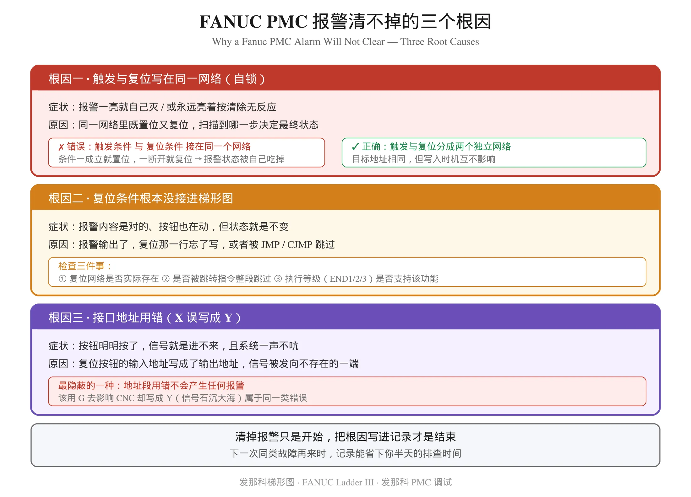 FANUC PMC 报警清不掉的三个根因：同网自锁、复位条件缺失、接口地址用错