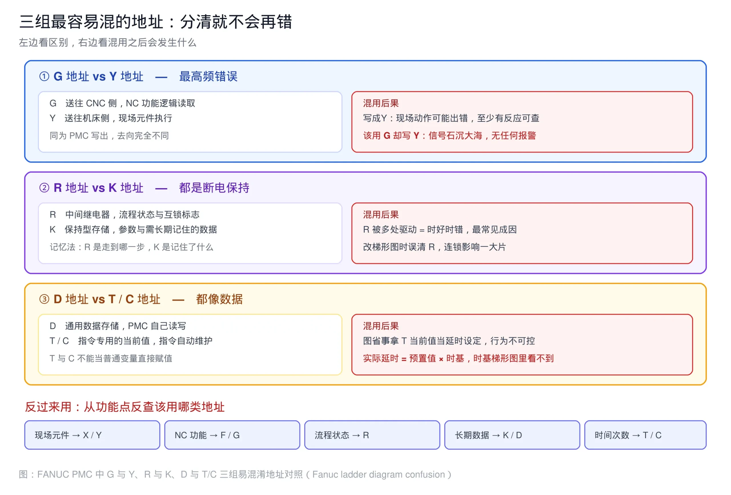 FANUC PMC 三组易混淆地址对照:G 与 Y、R 与 K、D 与 T/C 的区别与混用后果