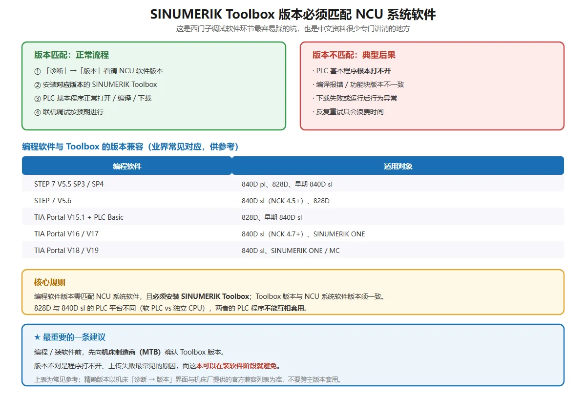 SINUMERIK Toolbox 版本匹配 NCU 系统软件:匹配则 PLC 程序正常打开下载、不匹配则打不开或编译报错;附编程软件与 Toolbox 版本兼容表,以及「编程前向机床厂确认 Toolbox 版本」的核心建议