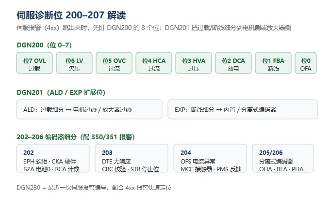 FANUC 伺服诊断位 200–207 解读:DGN200 的 8 个位分别对应过载/欠压/过流/过压/放电/断线/溢出,DGN201 把过载与断线细分为电机侧或放大器侧