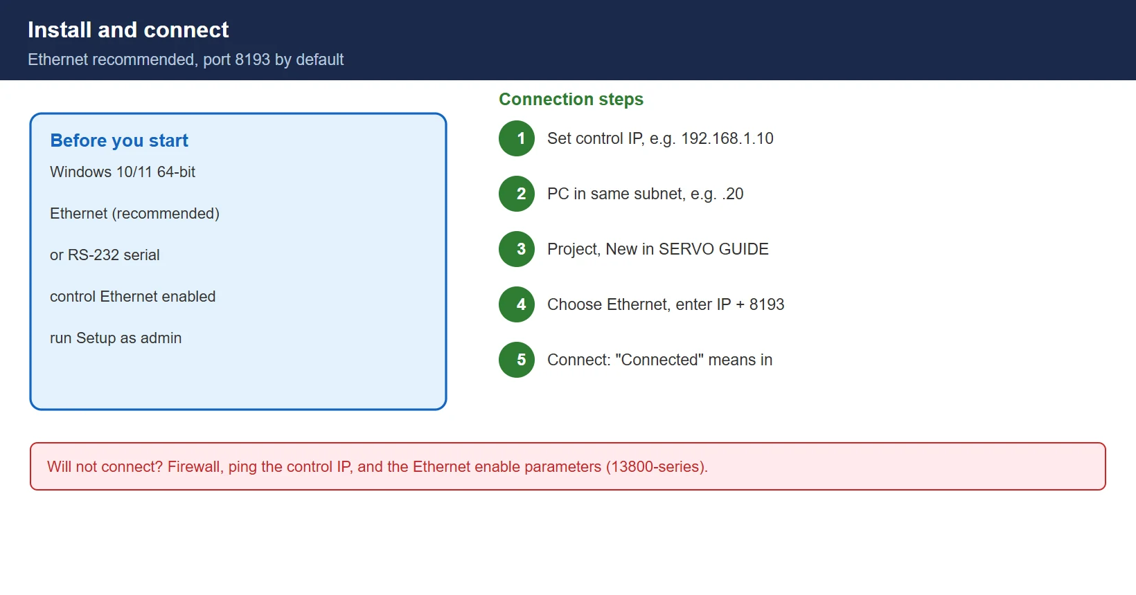 Install and connect: run Setup as admin, set the control and PC IPs in the same subnet, open a new project, choose Ethernet, enter IP and port 8193, connect