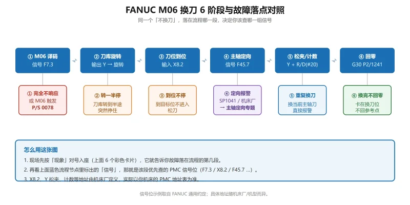 FANUC 加工中心不换刀/换刀超时怎么查?M06 换刀流程 6 个阶段对应信号与故障点对照-CNCShare | 数控电气技术中心