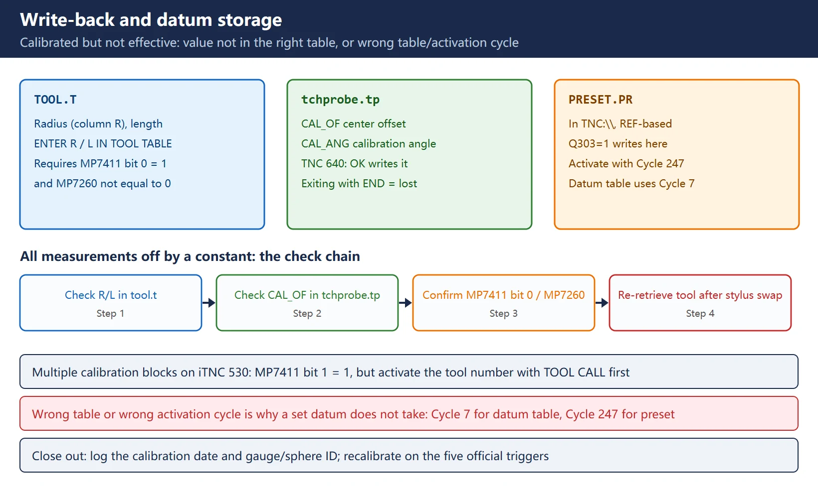 Write-back and datum storage: ENTER R/L IN TOOL TABLE writes tool.t, CAL_OF lands in tchprobe.tp, Q303/Q305 chooses the datum table or PRESET.PR, Cycle 7 and 247 activate them