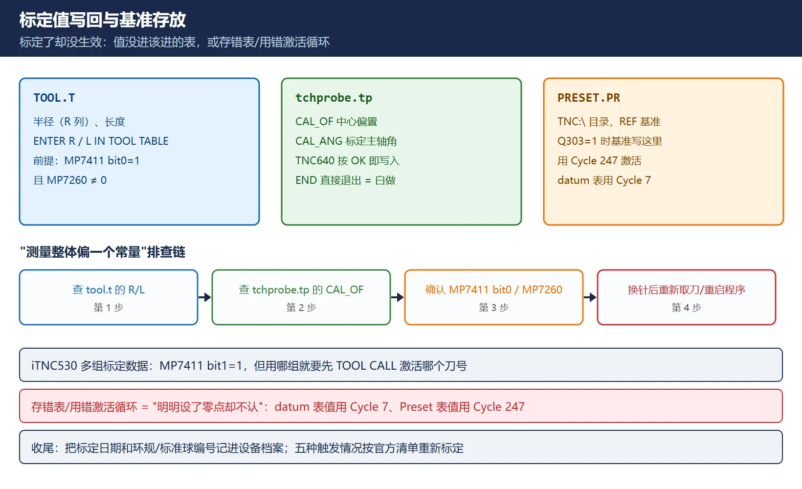 标定值写回与基准存放:ENTER R/L IN TOOL TABLE 写回 tool.t、CAL_OF 进 tchprobe.tp、Q303/Q305 决定 datum 表还是 PRESET.PR、Cycle 7 与 247 分别激活