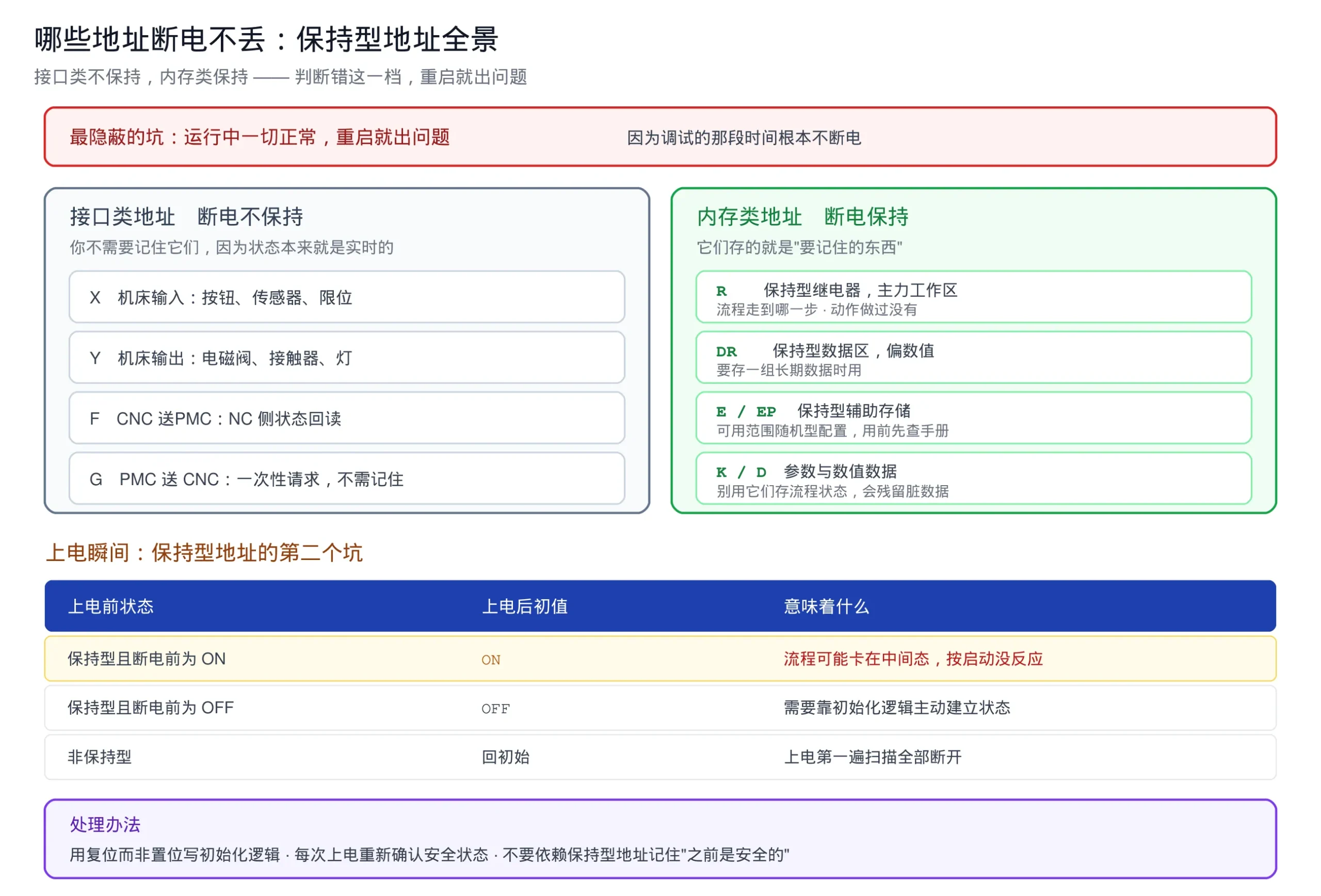 FANUC PMC 保持型地址全景:接口类与内存类断电表现对照,含上电初始状态说明