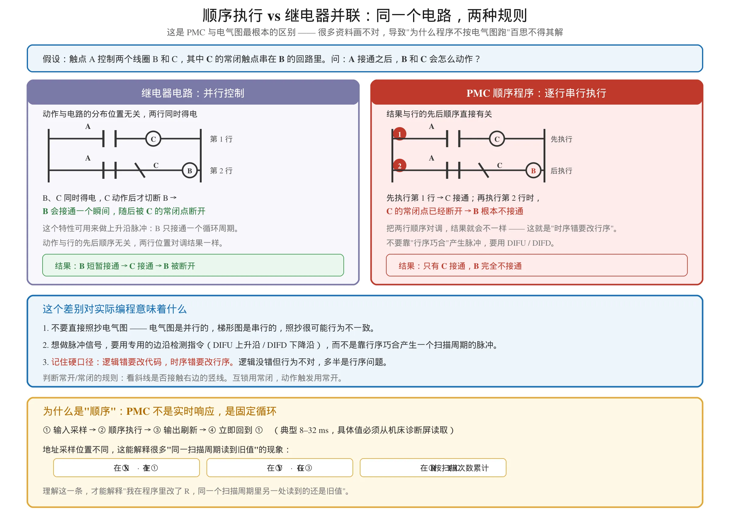 FANUC PMC 顺序执行与继电器并联控制差别对照图：同一 A 触点控制 B、C 线圈，继电器并行控制下 B 会短暂接通，PMC 顺序执行下 B 完全不接通，含扫描周期四阶段与地址采样位置