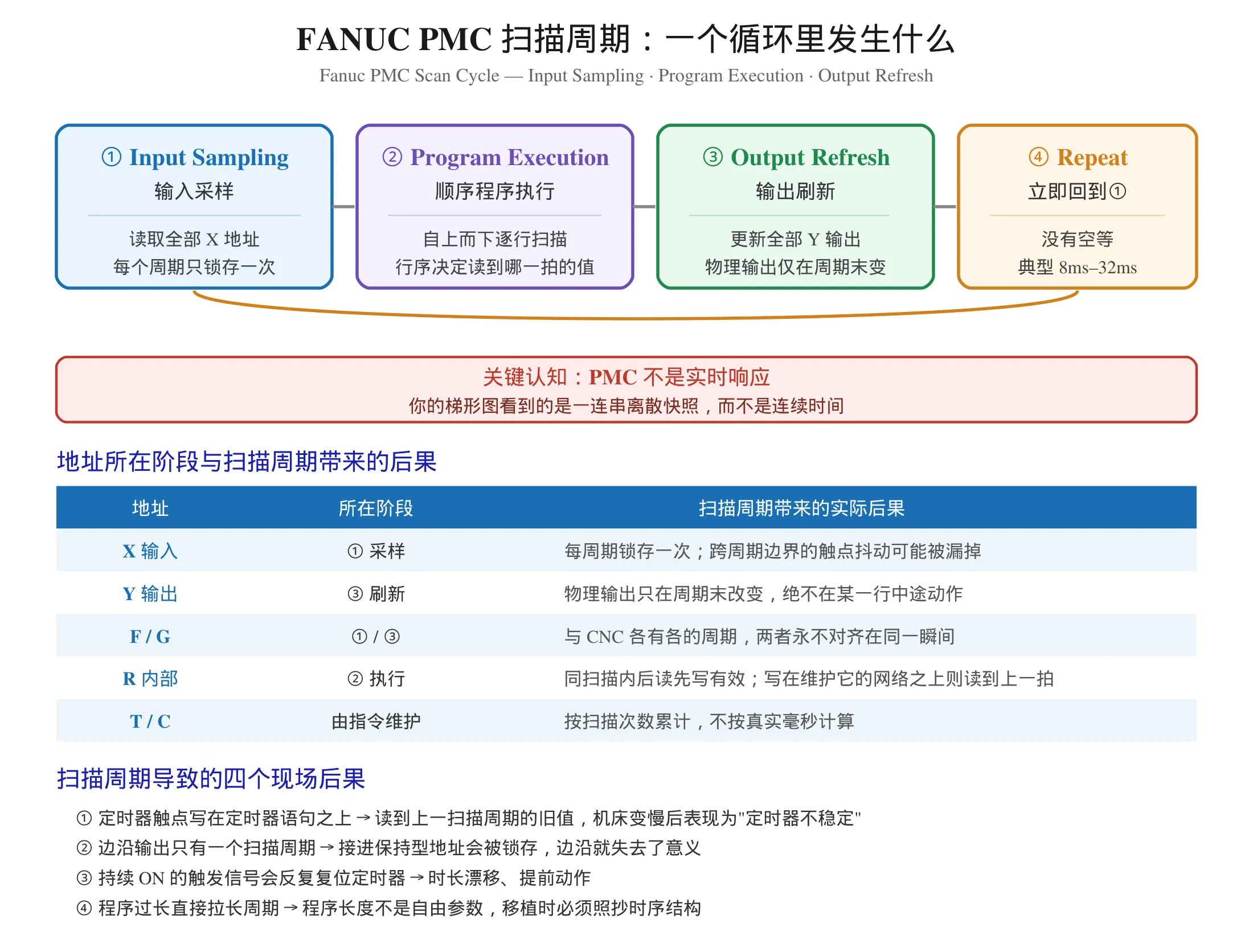FANUC PMC 扫描周期四阶段与地址所在阶段后果对照图 Fanuc PMC scan cycle