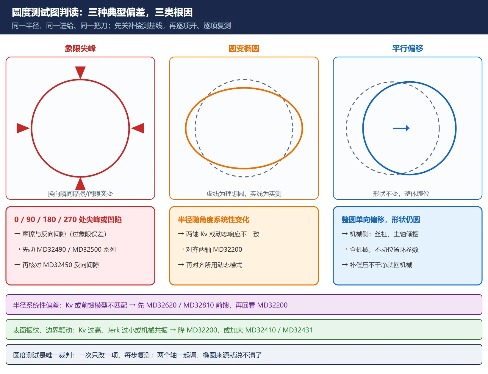 SINUMERIK 圆度测试图判读图：象限尖峰对应摩擦与反向间隙、圆变椭圆对应两轴 Kv 不一致、平行偏移对应机械侧问题，分别给出先动 MD32490/MD32500 系列、对齐两轴 MD32200、查机械三类处理方向