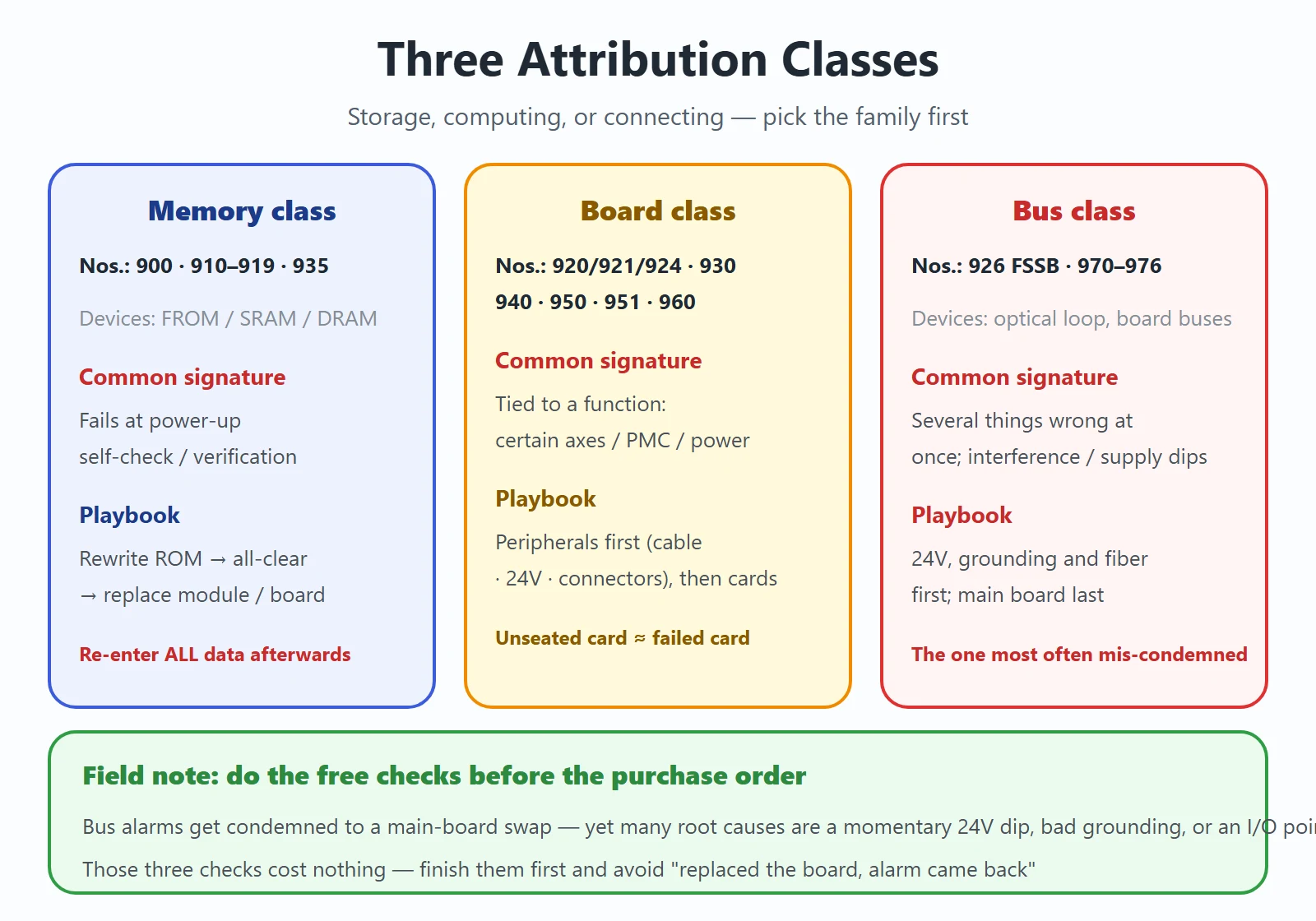 Three attribution classes for FANUC 900-976 system alarms: memory, boards, and buses